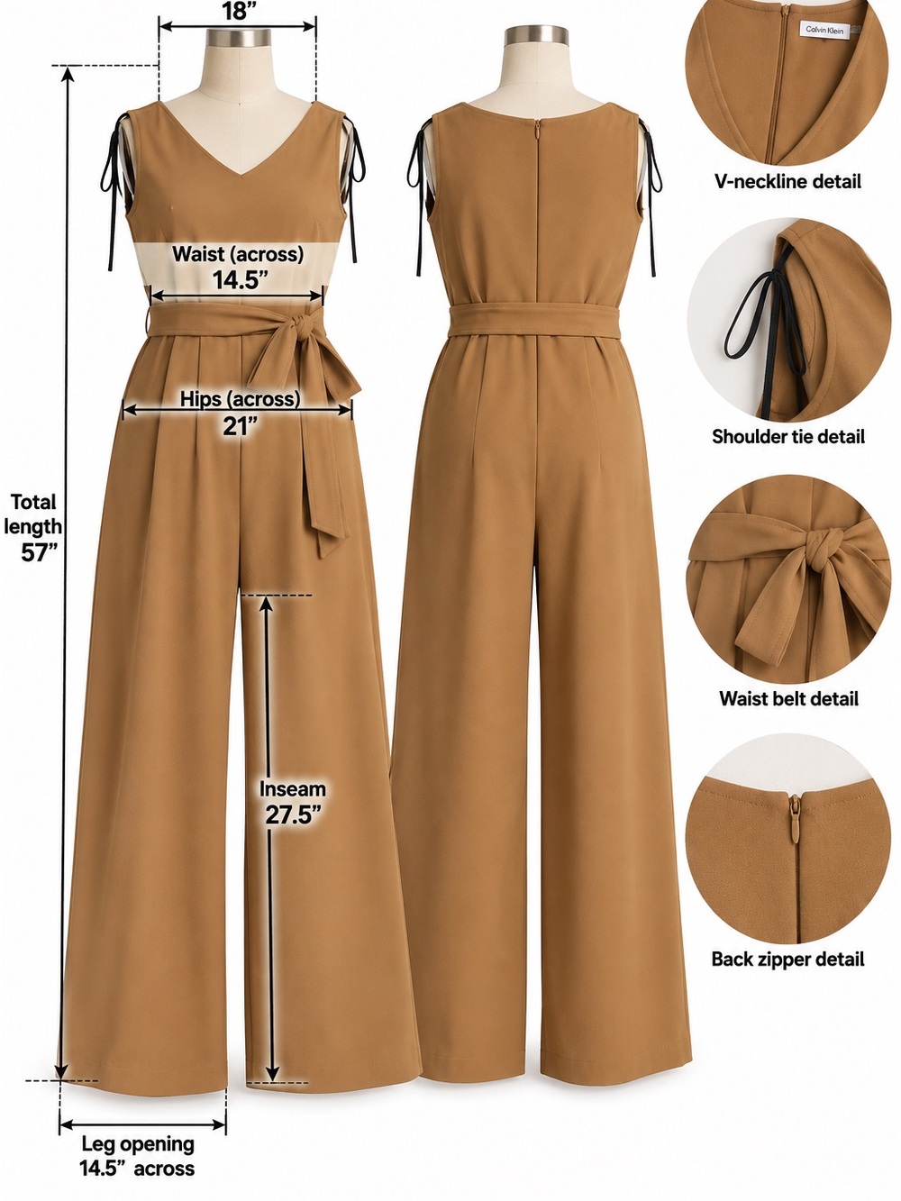 Women’s Calvin Klien Wide-Leg V-Neck Jumpsuit with Waist Belt - Camel